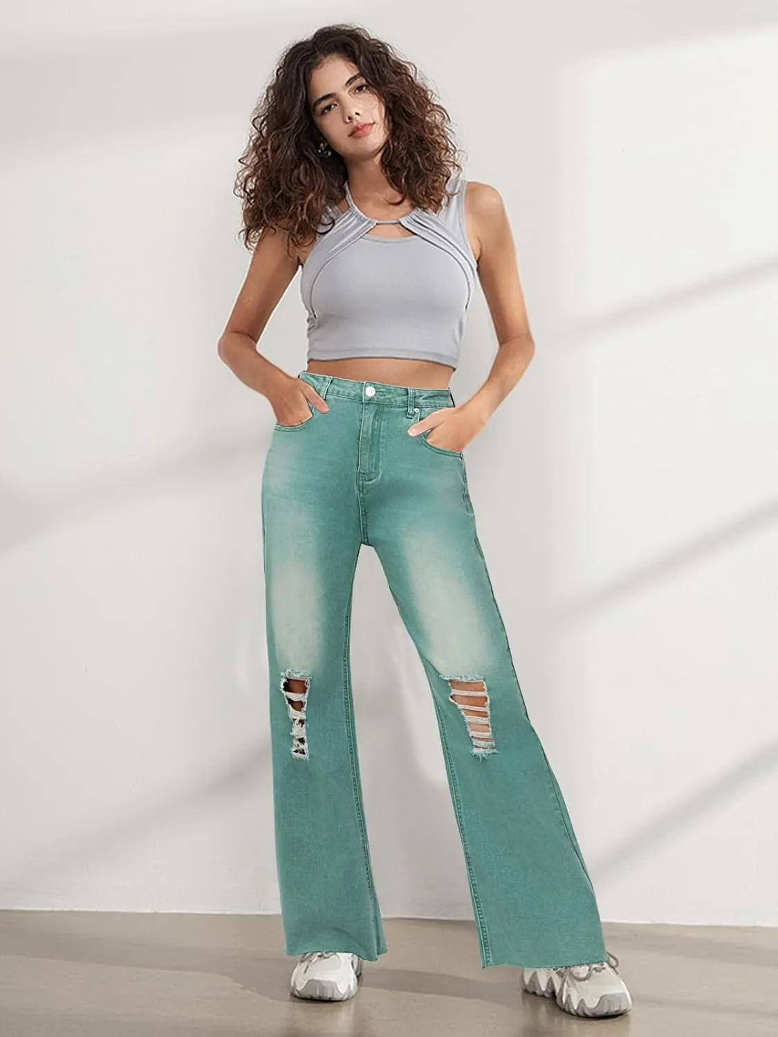 Genleck Women Loose Ripped Boyfriends Jeans High Waist Baggy Denim Pants Distressed Wide Leg Jeans Y2K