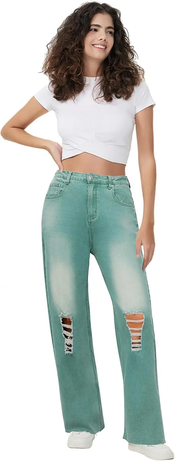 Genleck Women Loose Ripped Boyfriends Jeans High Waist Baggy Denim Pants Distressed Wide Leg Jeans Y2K