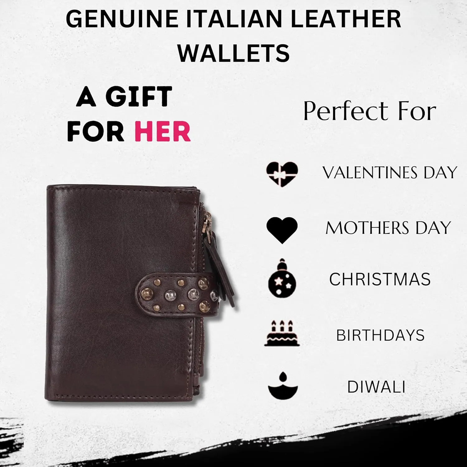 Genuine Italian Leather Boho Studded Bifold Wallet – Zipper Coin Purse & Credit Card Holder for Women (Brown)