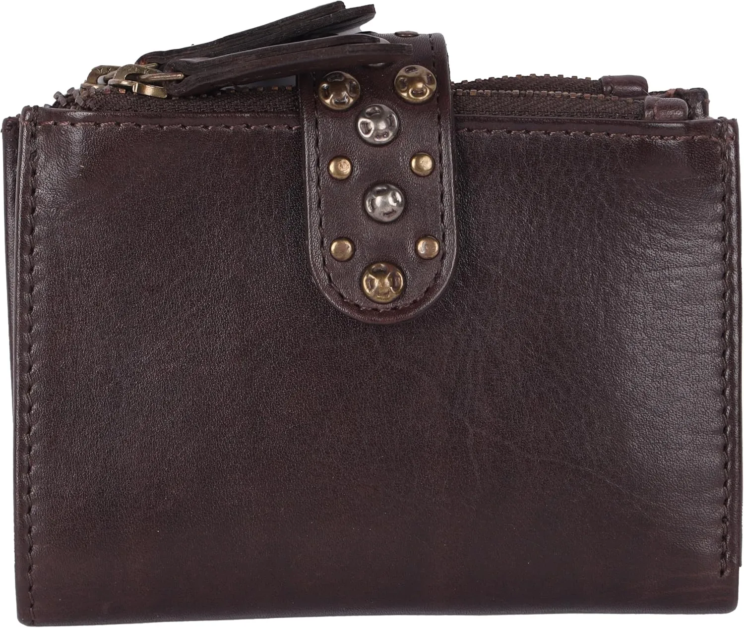Genuine Italian Leather Boho Studded Bifold Wallet – Zipper Coin Purse & Credit Card Holder for Women (Brown)