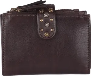 Genuine Italian Leather Boho Studded Bifold Wallet – Zipper Coin Purse & Credit Card Holder for Women (Brown)