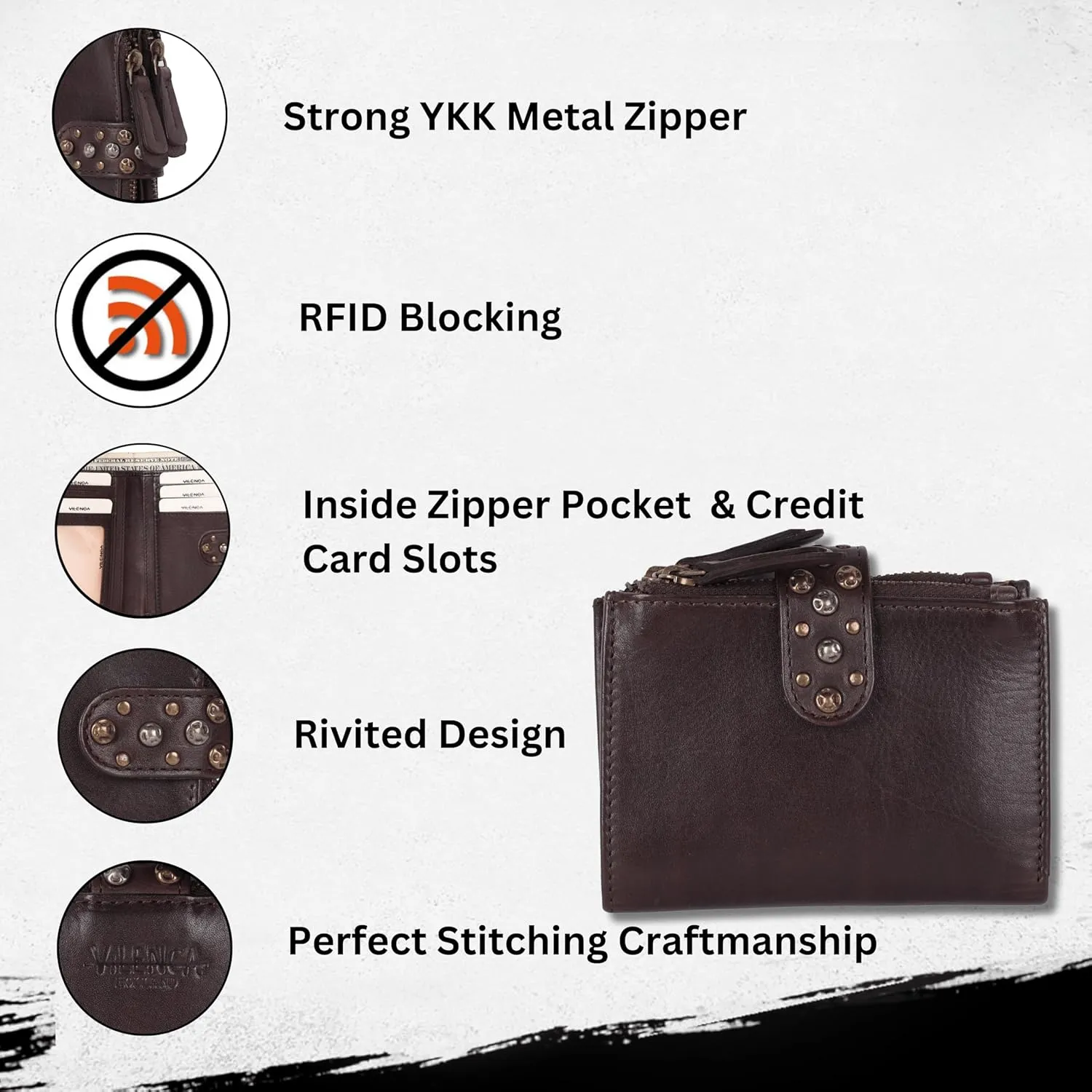 Genuine Italian Leather Boho Studded Bifold Wallet – Zipper Coin Purse & Credit Card Holder for Women (Brown)