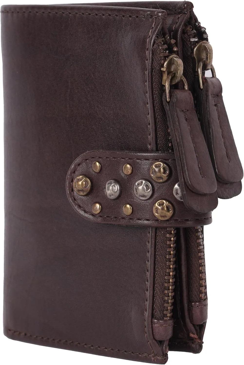 Genuine Italian Leather Boho Studded Bifold Wallet – Zipper Coin Purse & Credit Card Holder for Women (Brown)