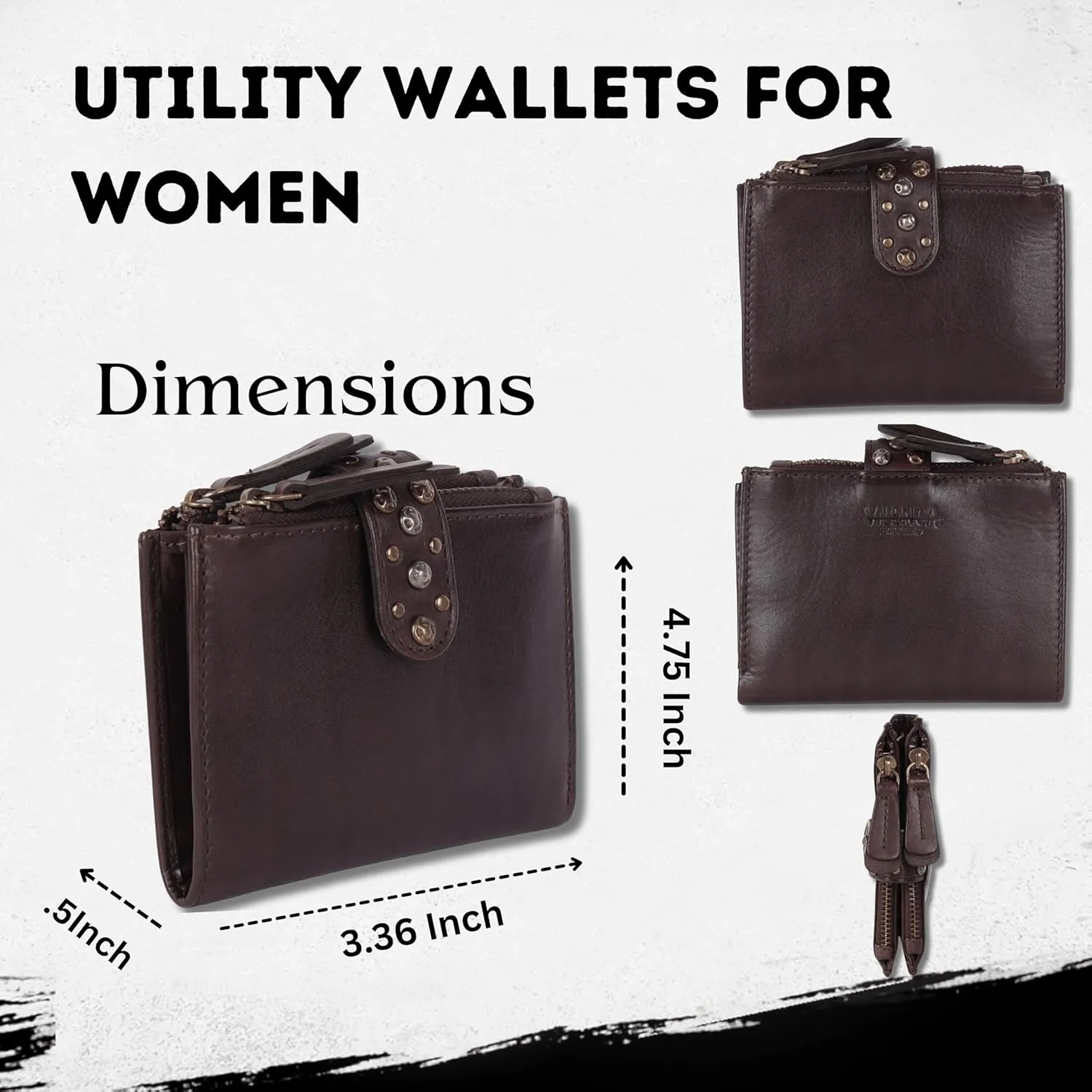 Genuine Italian Leather Boho Studded Bifold Wallet – Zipper Coin Purse & Credit Card Holder for Women (Brown)