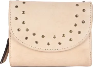 Genuine Italian Leather Boho Studded Trifold Double Flap Closure Wallet – Zipper Coin Purse & Credit Card Holder for Women (Beige)