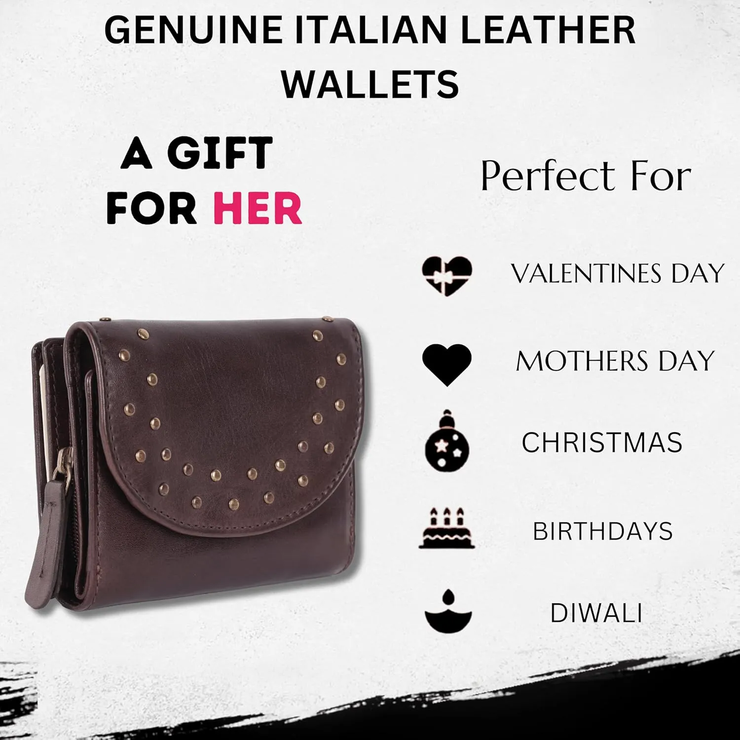 Genuine Italian Leather Boho Studded Trifold Double Flap Closure Wallet – Zipper Coin Purse & Credit Card Holder for Women (Brown)