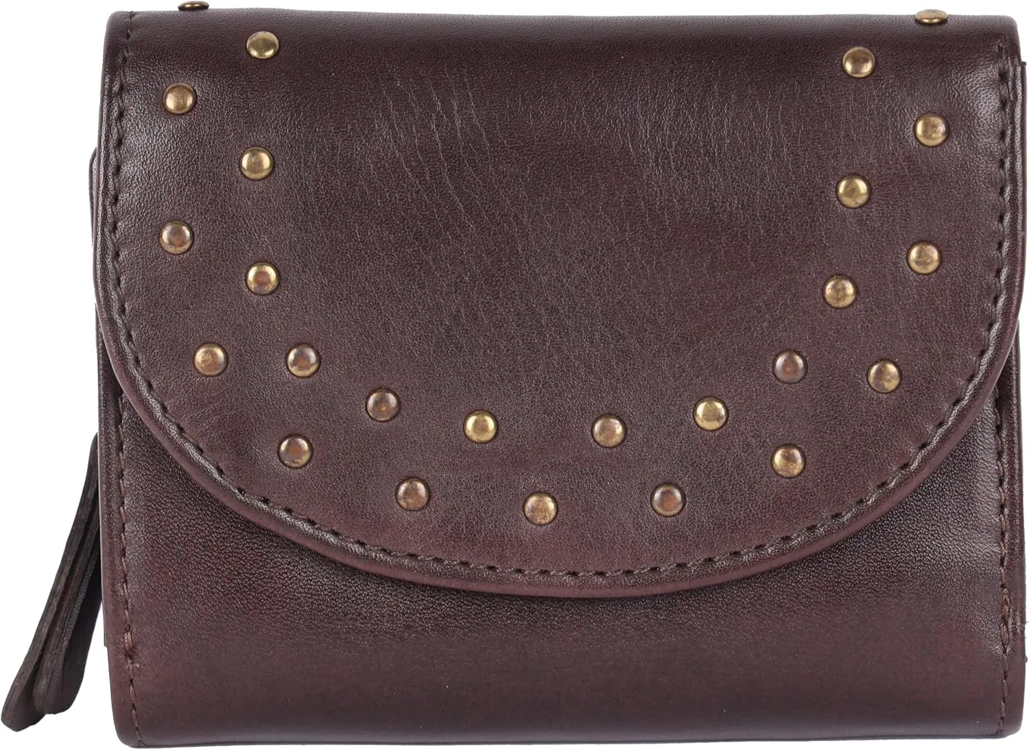 Genuine Italian Leather Boho Studded Trifold Double Flap Closure Wallet – Zipper Coin Purse & Credit Card Holder for Women (Brown)