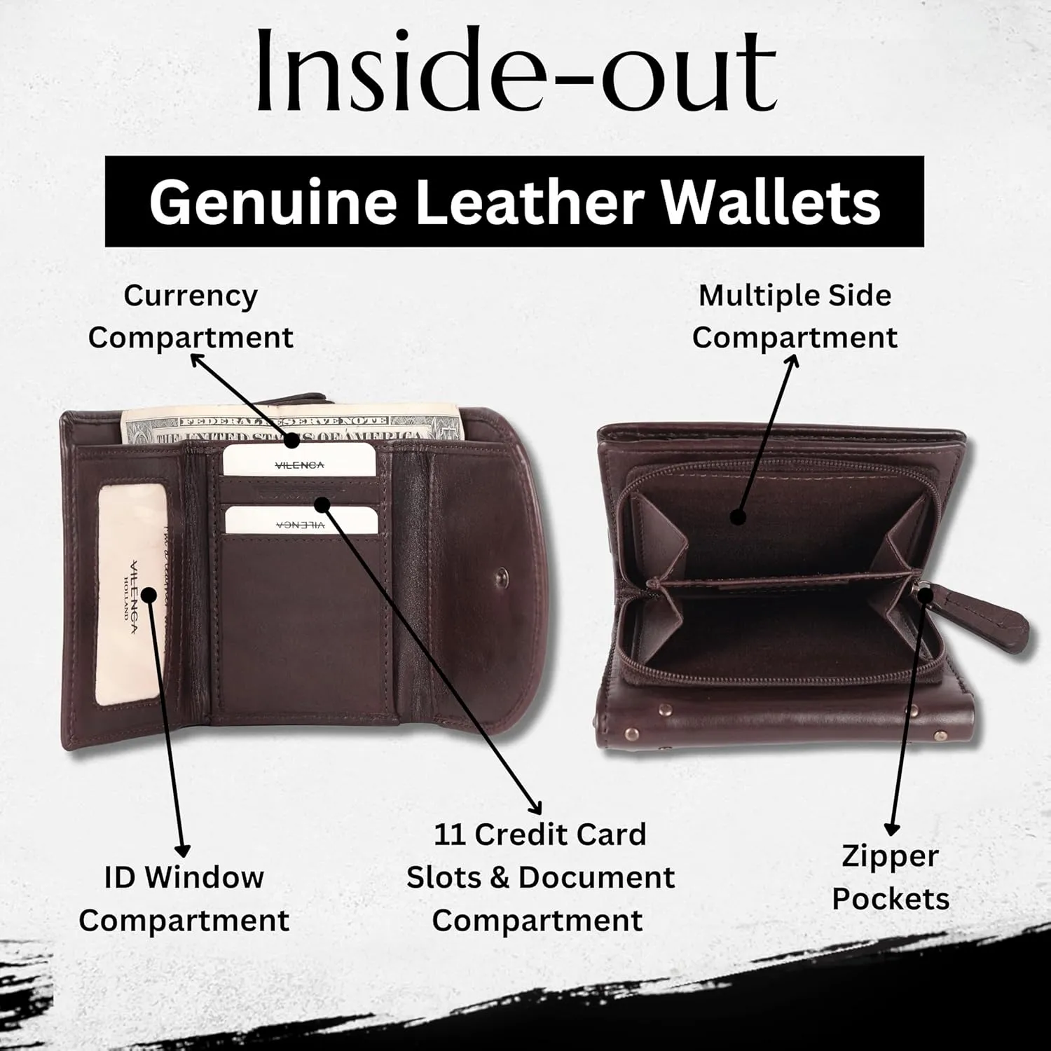 Genuine Italian Leather Boho Studded Trifold Double Flap Closure Wallet – Zipper Coin Purse & Credit Card Holder for Women (Brown)