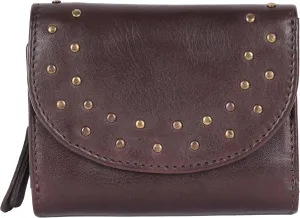 Genuine Italian Leather Boho Studded Trifold Double Flap Closure Wallet – Zipper Coin Purse & Credit Card Holder for Women (Brown)
