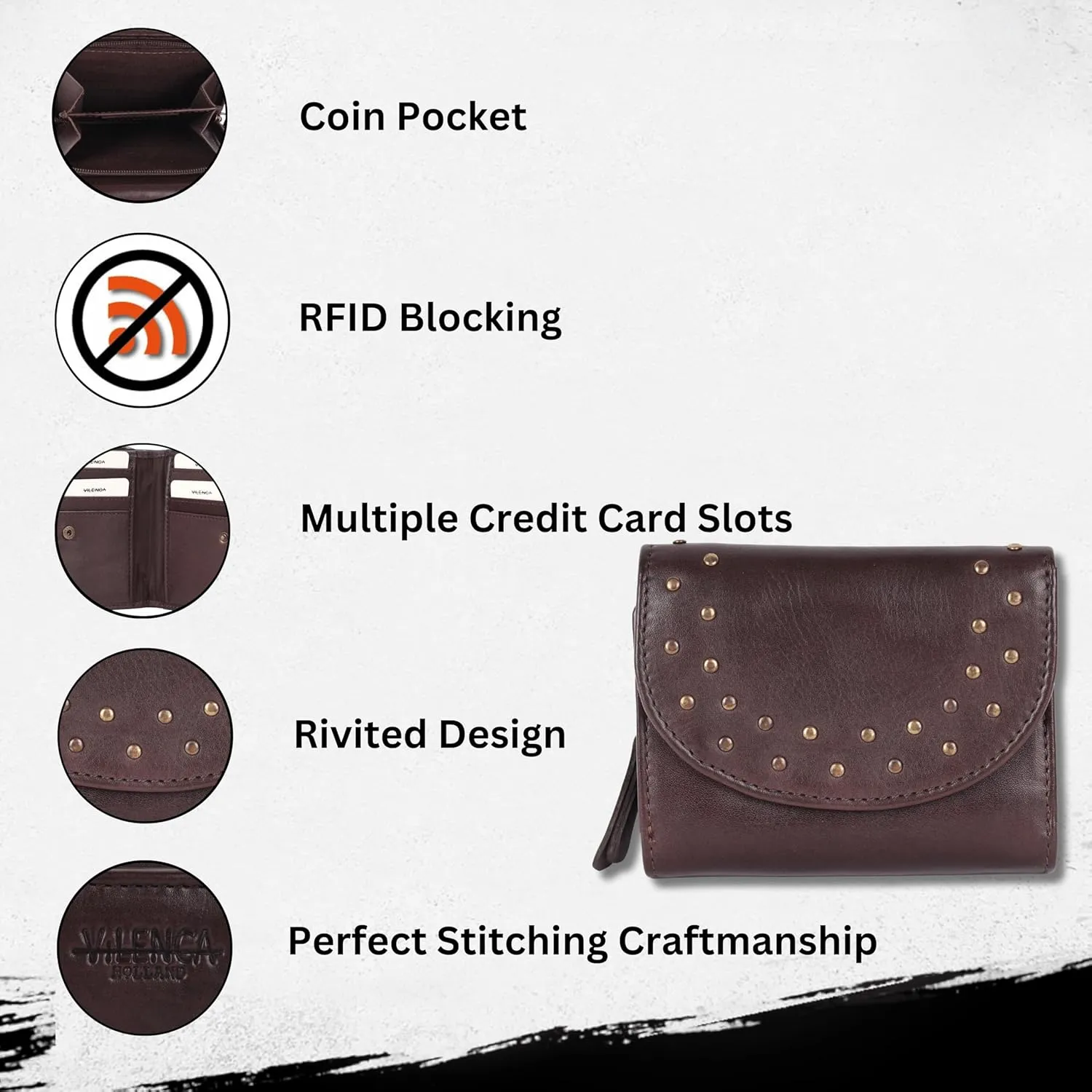 Genuine Italian Leather Boho Studded Trifold Double Flap Closure Wallet – Zipper Coin Purse & Credit Card Holder for Women (Brown)