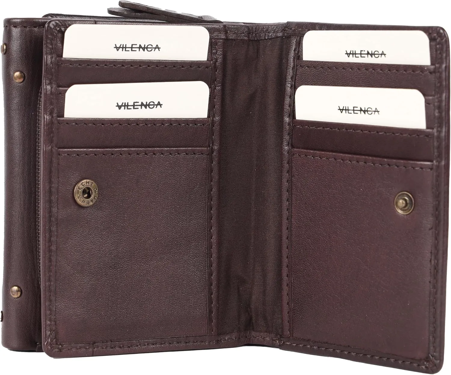 Genuine Italian Leather Boho Studded Trifold Double Flap Closure Wallet – Zipper Coin Purse & Credit Card Holder for Women (Brown)