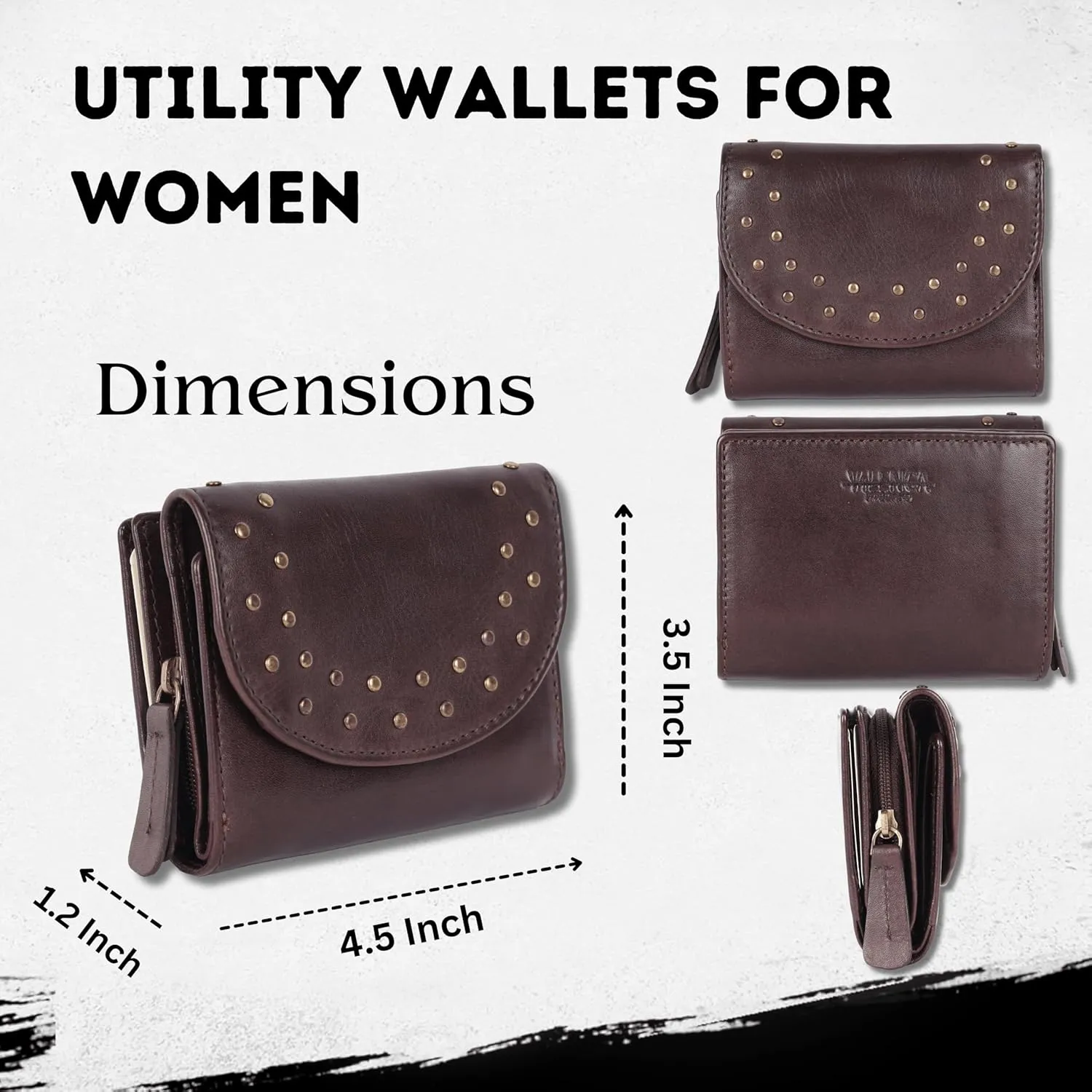 Genuine Italian Leather Boho Studded Trifold Double Flap Closure Wallet – Zipper Coin Purse & Credit Card Holder for Women (Brown)