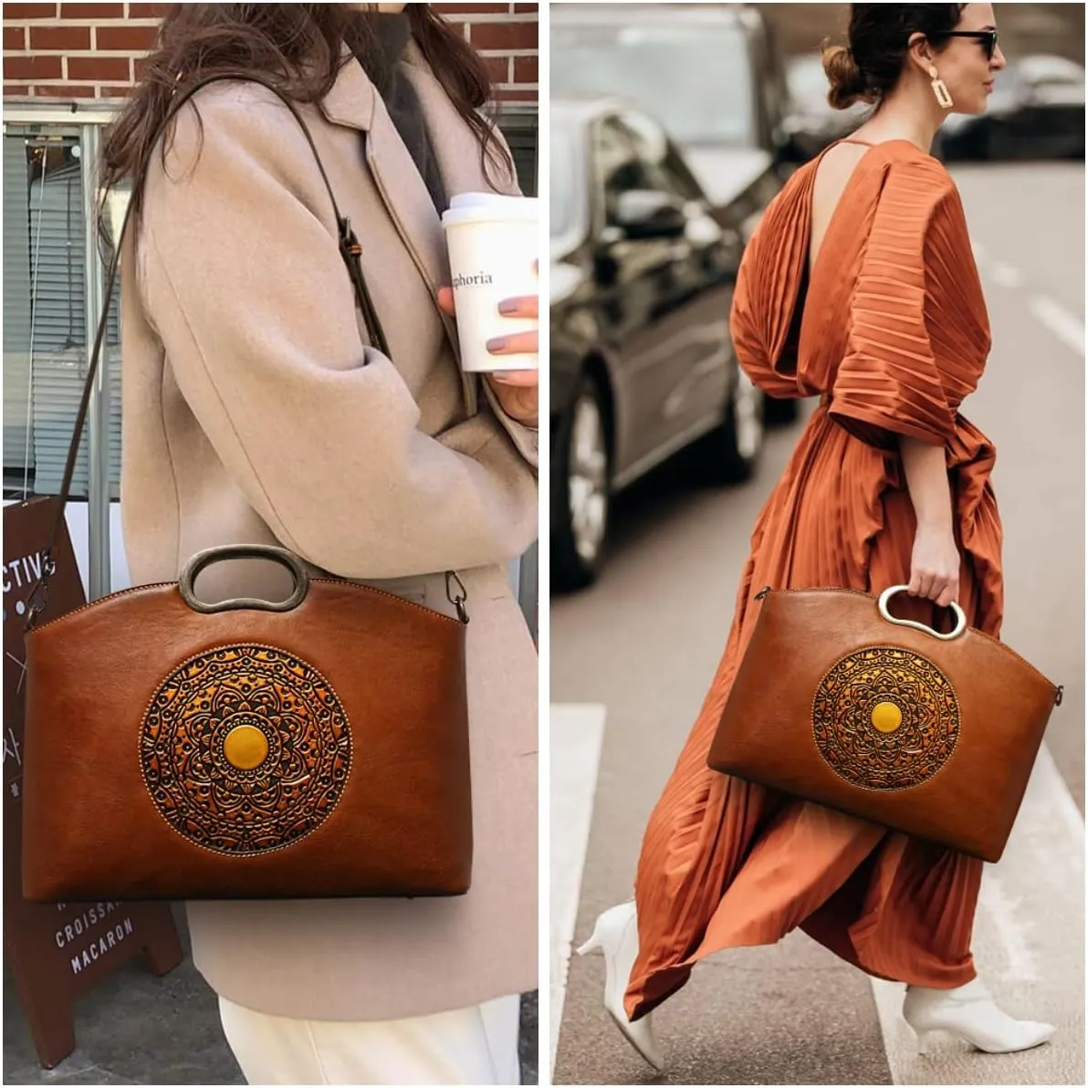 Genuine Leather Handbags for Women, Organizer Crossbody Bag Large Satchel Vintage Embossing Totem Shoulder Bag