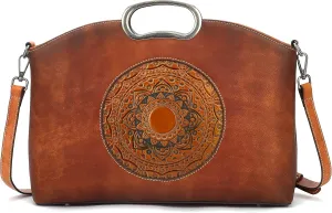 Genuine Leather Handbags for Women, Organizer Crossbody Bag Large Satchel Vintage Embossing Totem Shoulder Bag
