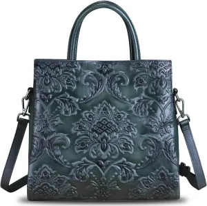 Genuine Leather Satchel for Women Top Handle Handbag Handmade Embossed Vintage Satchel Crossbody Handbags Purse Bag