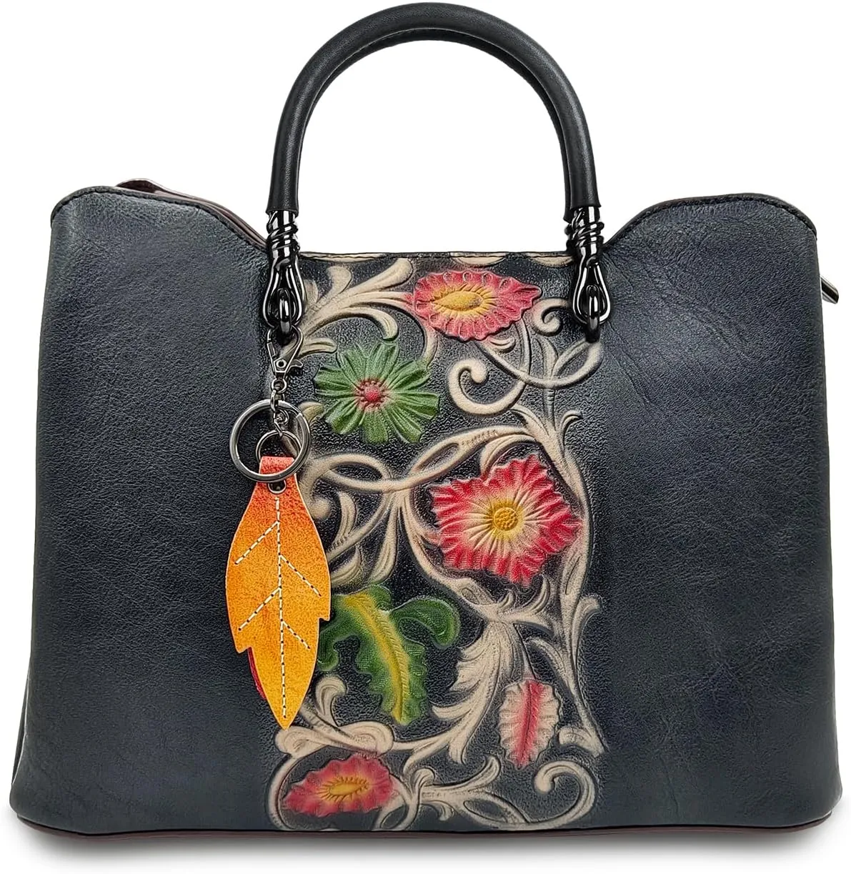 Genuine Leather Vintage Bag for Women: Cowhide Leather Crossbody Purse - Flower Embossed Handbag