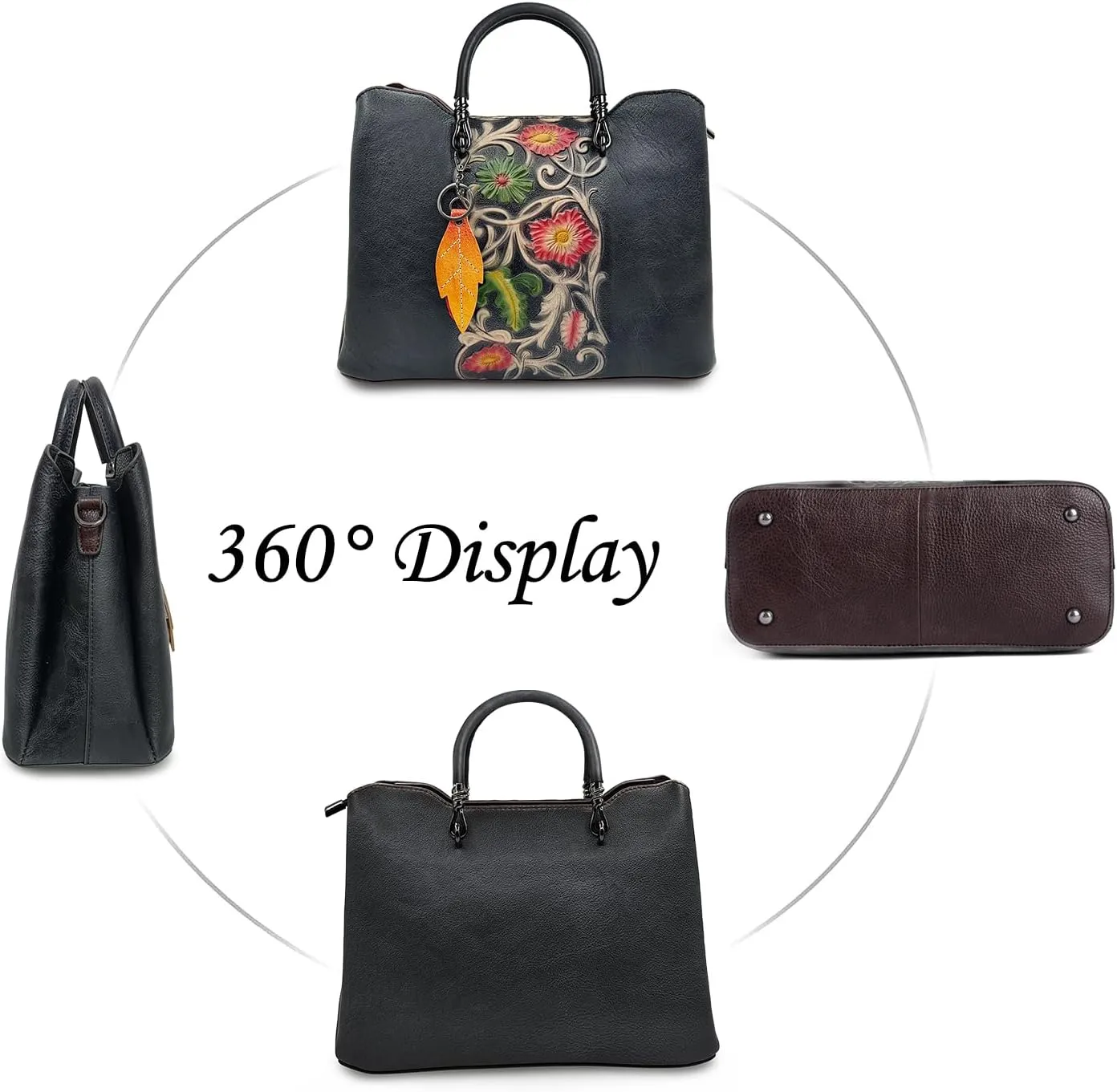 Genuine Leather Vintage Bag for Women: Cowhide Leather Crossbody Purse - Flower Embossed Handbag