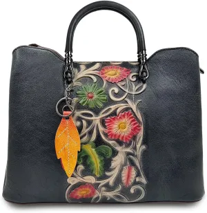 Genuine Leather Vintage Bag for Women: Cowhide Leather Crossbody Purse - Flower Embossed Handbag