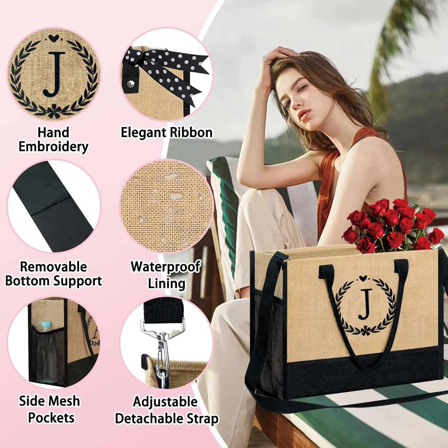 GhvyenntteS Mothers Day Gifts - Mama Bag, Initial Jute Tote Bag & Makeup Bag, Personalized Gifts for Women Mom Wife Grandma