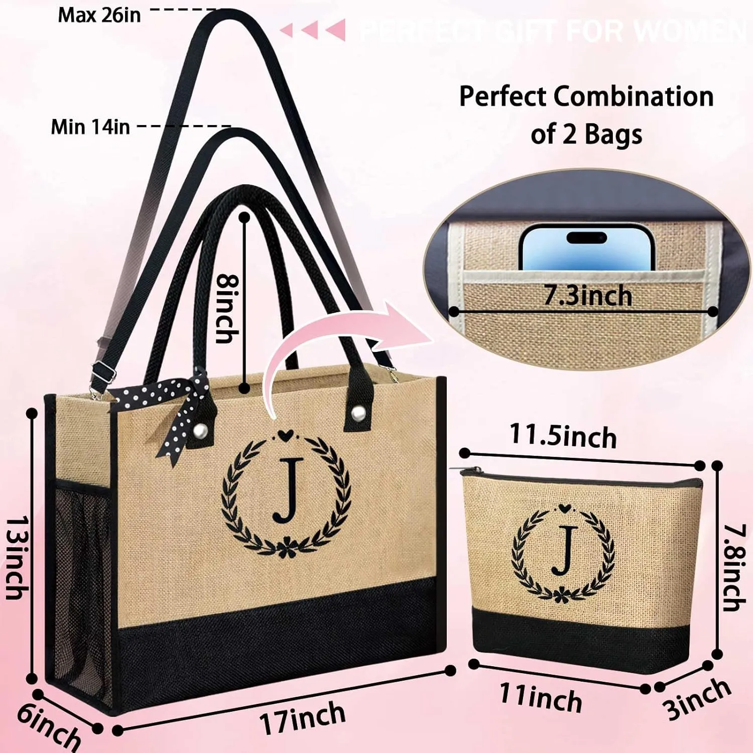 GhvyenntteS Mothers Day Gifts - Mama Bag, Initial Jute Tote Bag & Makeup Bag, Personalized Gifts for Women Mom Wife Grandma