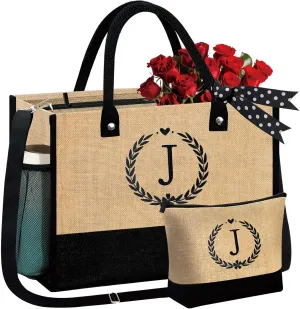 GhvyenntteS Mothers Day Gifts - Mama Bag, Initial Jute Tote Bag & Makeup Bag, Personalized Gifts for Women Mom Wife Grandma