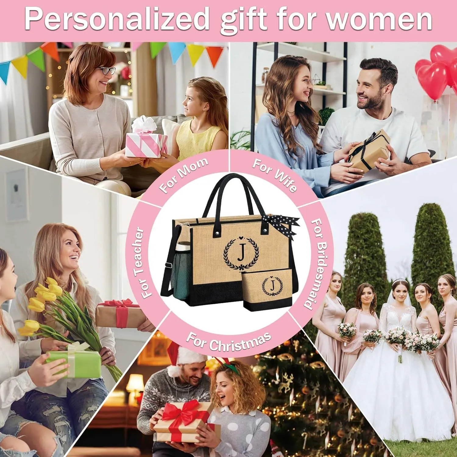 GhvyenntteS Mothers Day Gifts - Mama Bag, Initial Jute Tote Bag & Makeup Bag, Personalized Gifts for Women Mom Wife Grandma