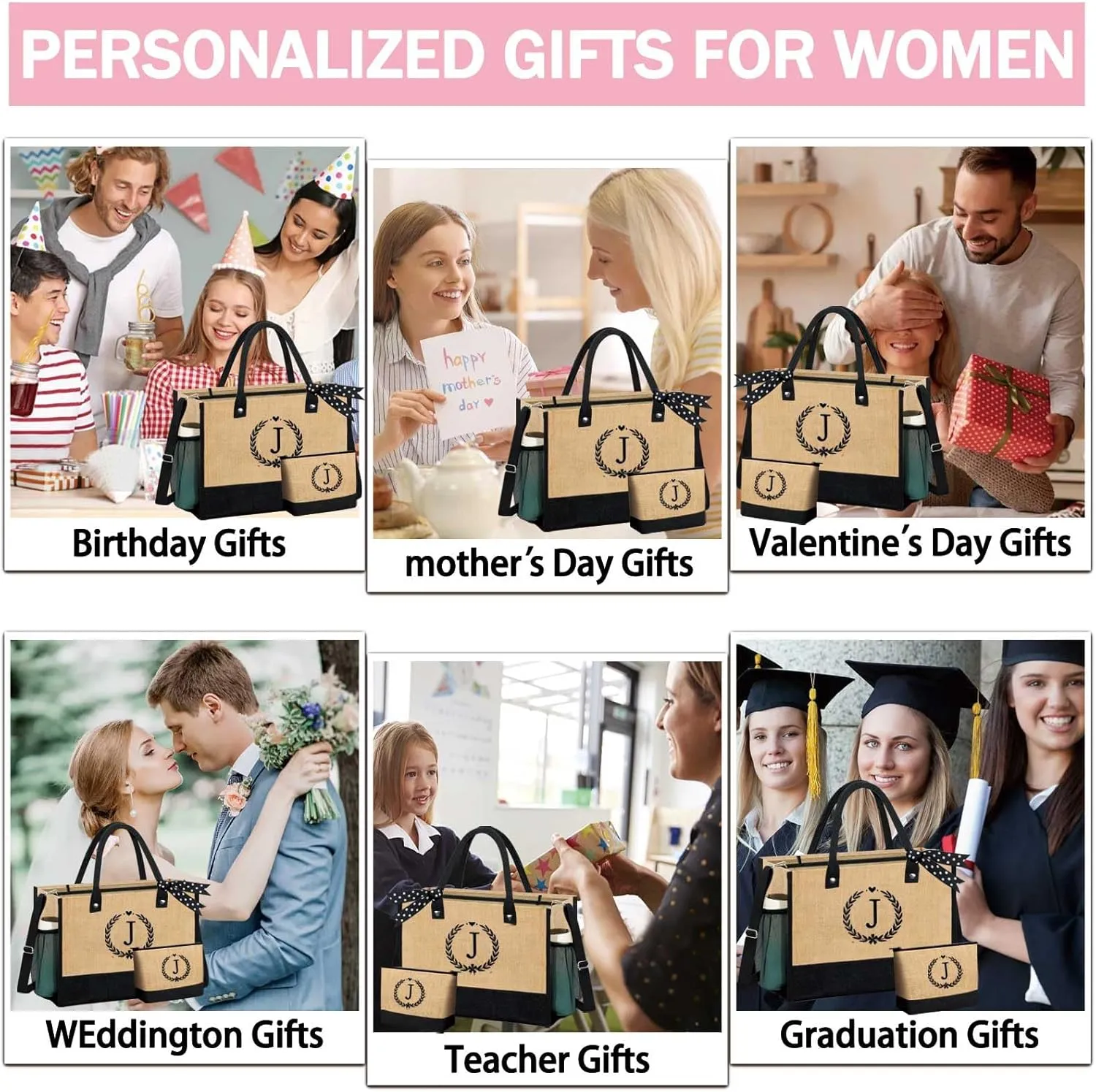 GhvyenntteS Mothers Day Gifts - Mama Bag, Initial Jute Tote Bag & Makeup Bag, Personalized Gifts for Women Mom Wife Grandma