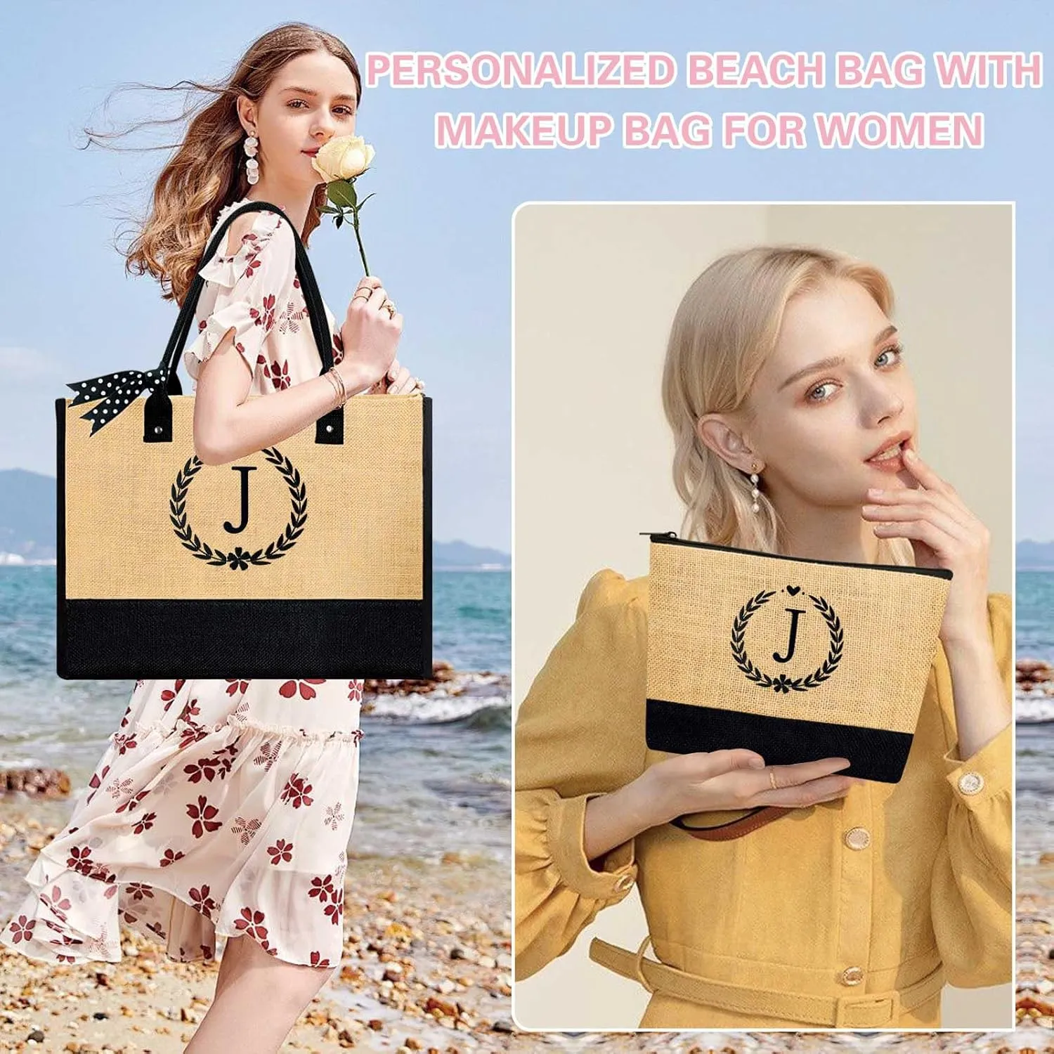 GhvyenntteS Mothers Day Gifts - Mama Bag, Initial Jute Tote Bag & Makeup Bag, Personalized Gifts for Women Mom Wife Grandma