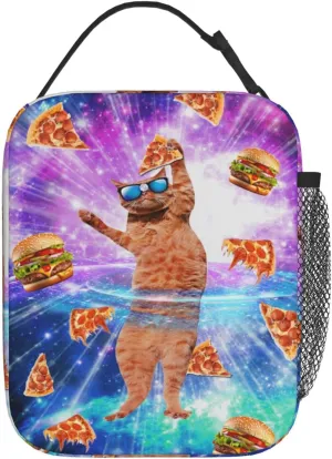 Gianlaima Blue Purple Galaxy Cat Pizza Hamburger Insulated Lunch Box For Women Man, Portable Lunch Bag Reusable Cooler Tote For Office Work Travel Picnic Camping Beach