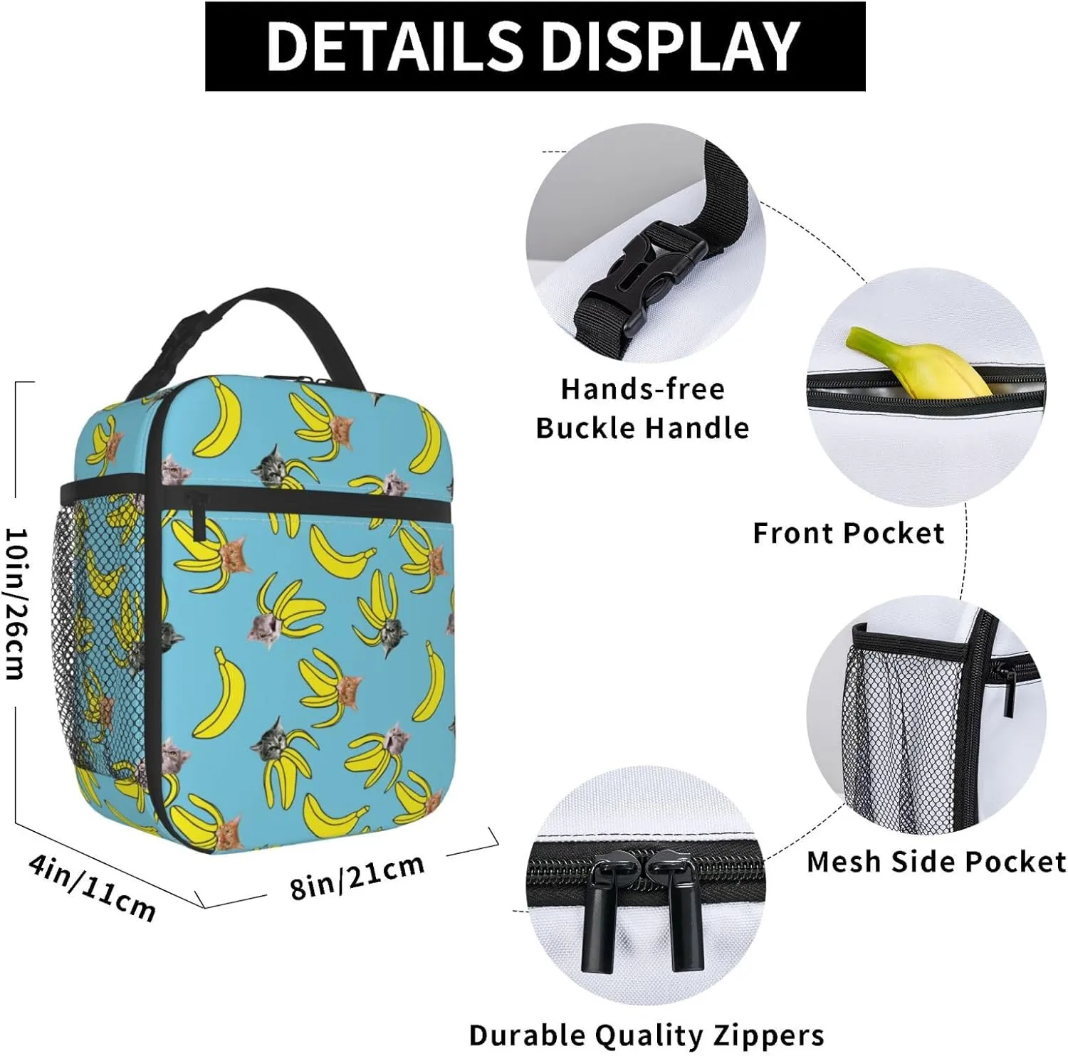Gianlaima Funny Cat Banana Bananas Insulated Lunch Box For Women And Man, Portable Lunch Bags Reusable Cooler Tote For Office Work Travel Picnic Camping Beach