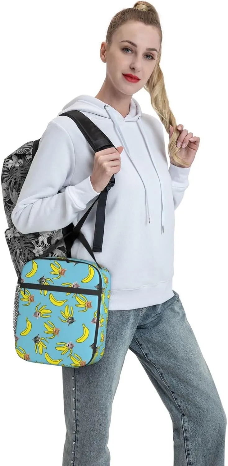 Gianlaima Funny Cat Banana Bananas Insulated Lunch Box For Women And Man, Portable Lunch Bags Reusable Cooler Tote For Office Work Travel Picnic Camping Beach