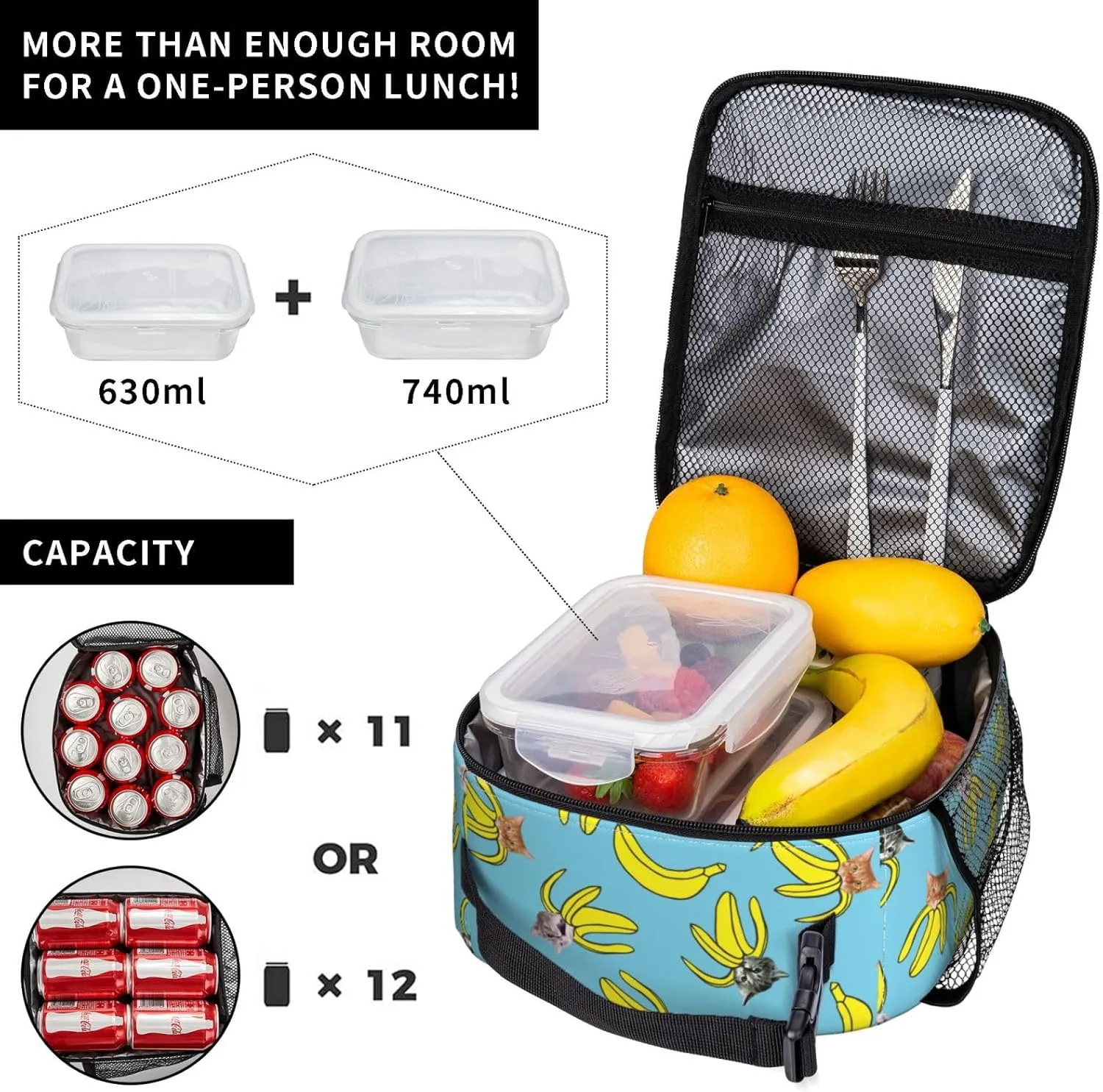 Gianlaima Funny Cat Banana Bananas Insulated Lunch Box For Women And Man, Portable Lunch Bags Reusable Cooler Tote For Office Work Travel Picnic Camping Beach