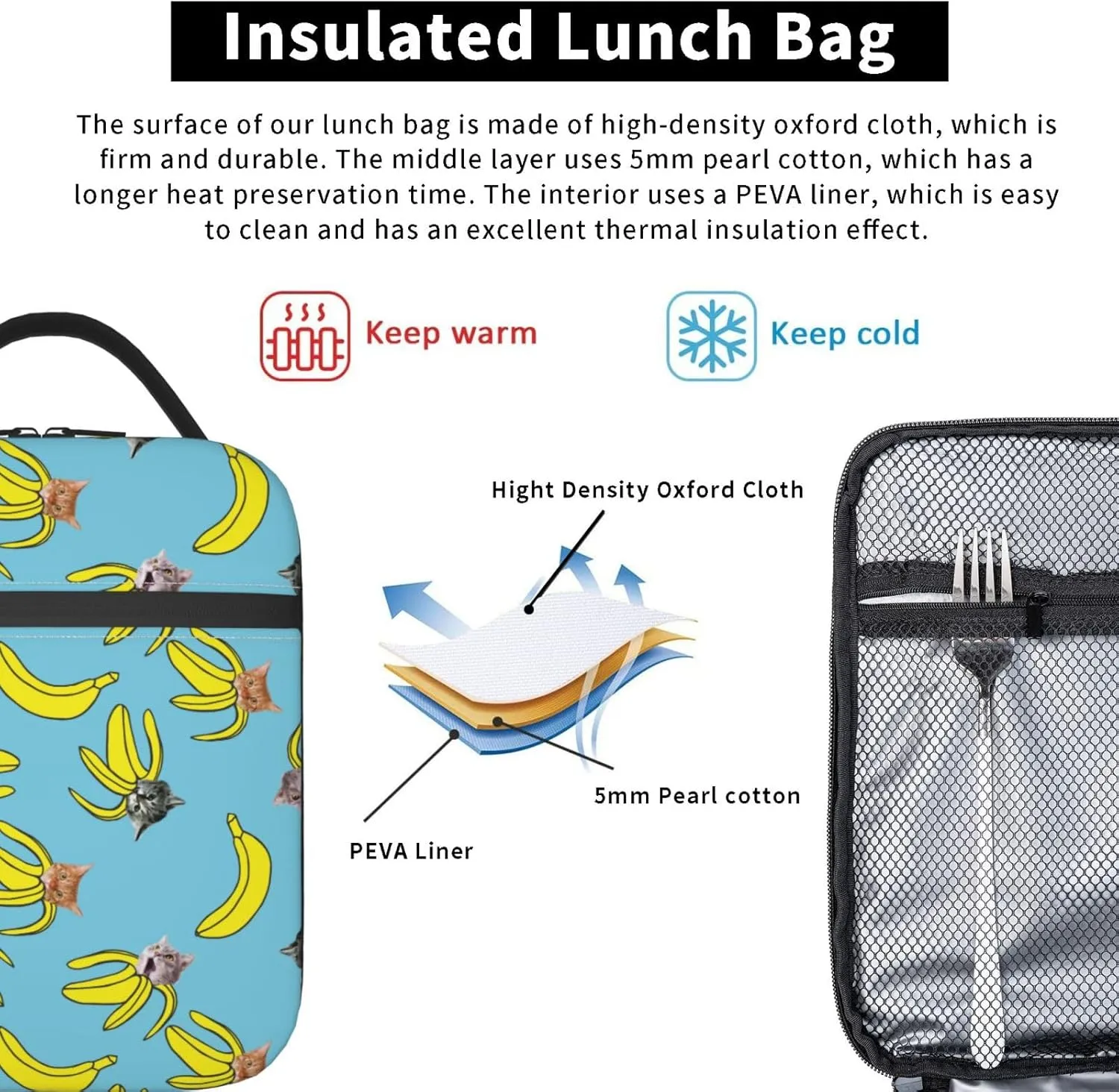 Gianlaima Funny Cat Banana Bananas Insulated Lunch Box For Women And Man, Portable Lunch Bags Reusable Cooler Tote For Office Work Travel Picnic Camping Beach