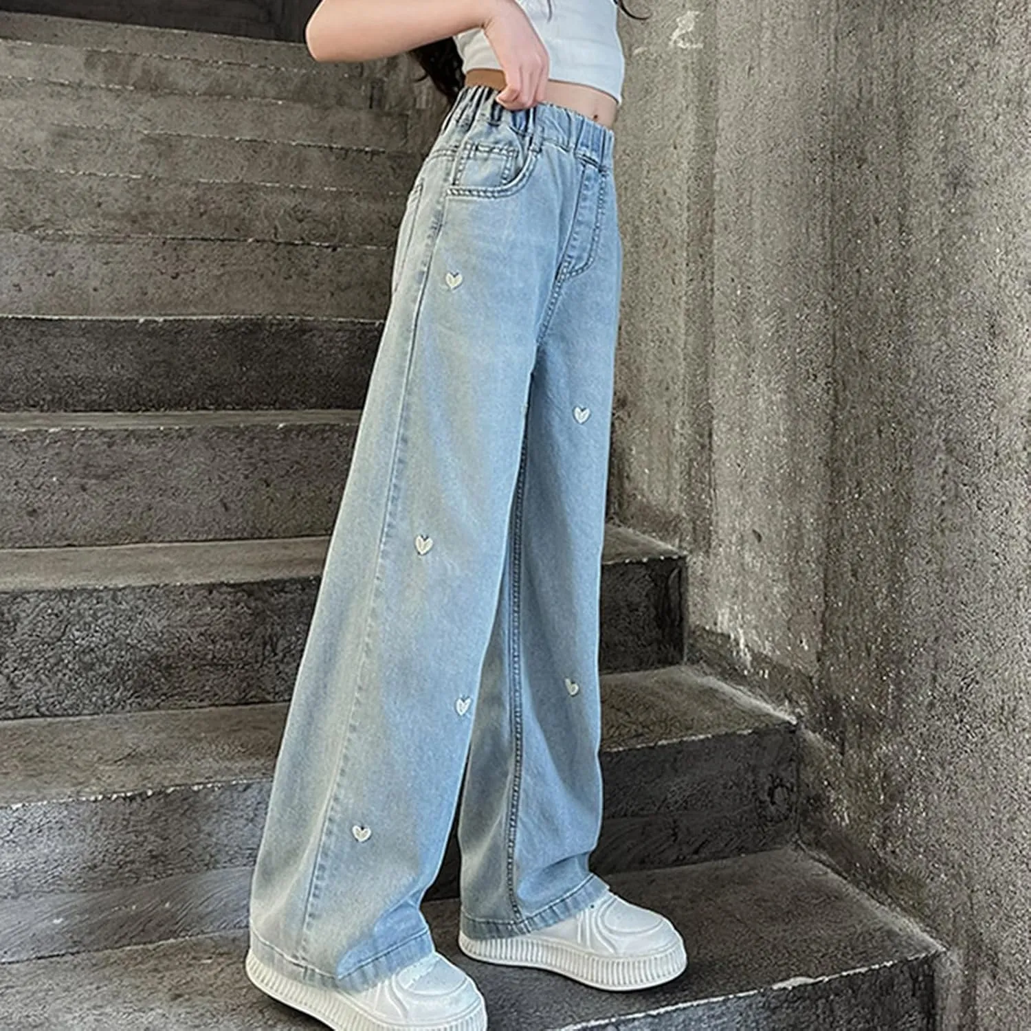 Girls Wide Leg Jeans Baggy Heart Embroidery Elastic High Waist Denim Pants Vintage Y2k Streetwear Aesthetic Teen Clothes 4-14