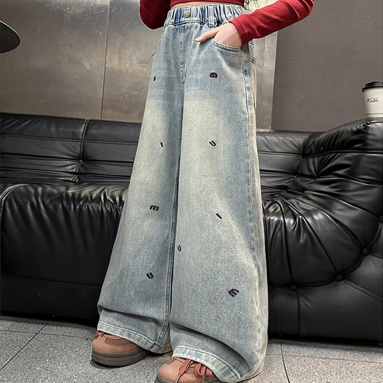 Girls Wide Leg Jeans Baggy Heart Embroidery Elastic High Waist Denim Pants Vintage Y2k Streetwear Aesthetic Teen Clothes 4-14