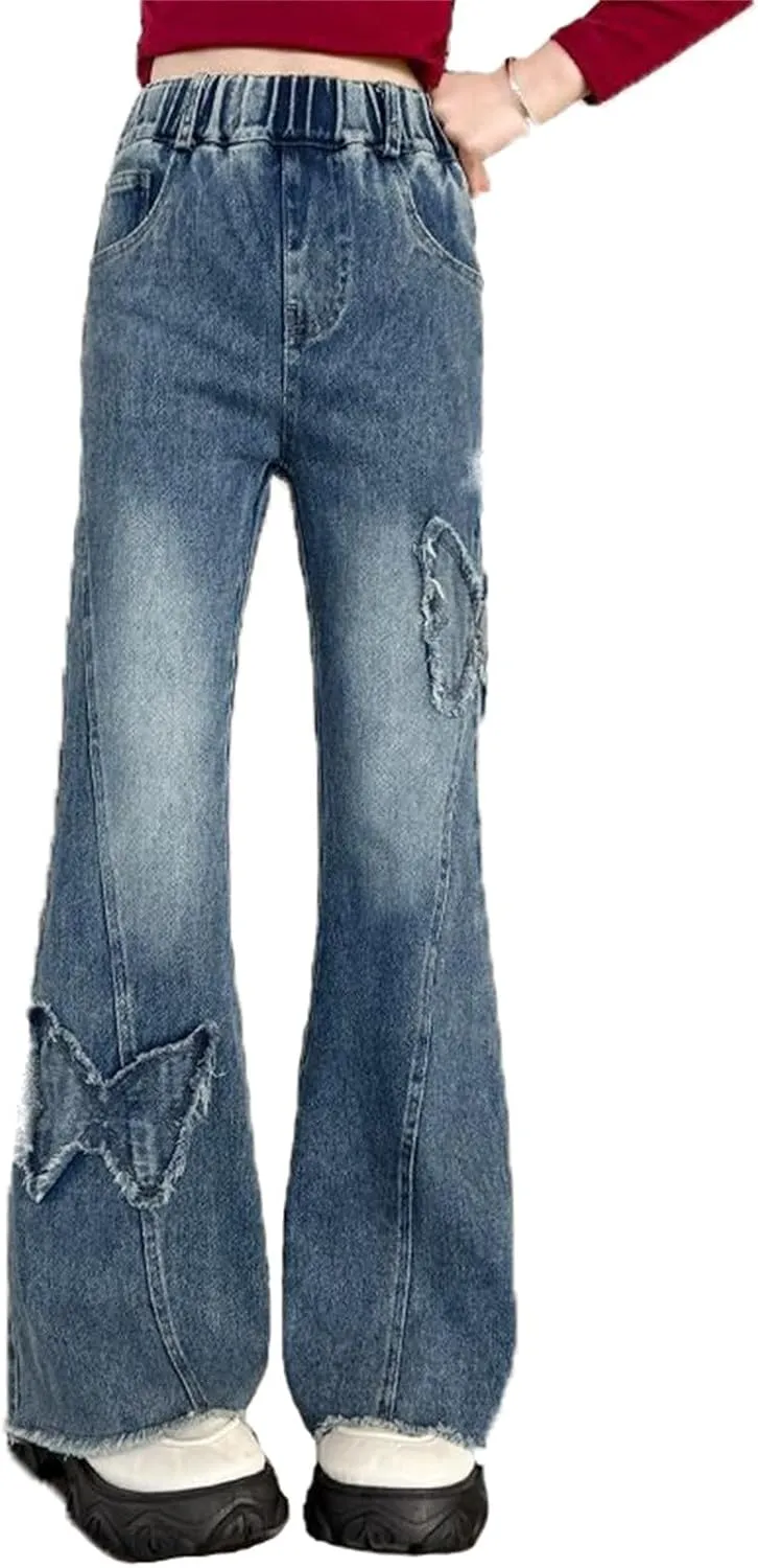 Girls Wide Leg Jeans Baggy Heart Embroidery Elastic High Waist Denim Pants Vintage Y2k Streetwear Aesthetic Teen Clothes 4-14