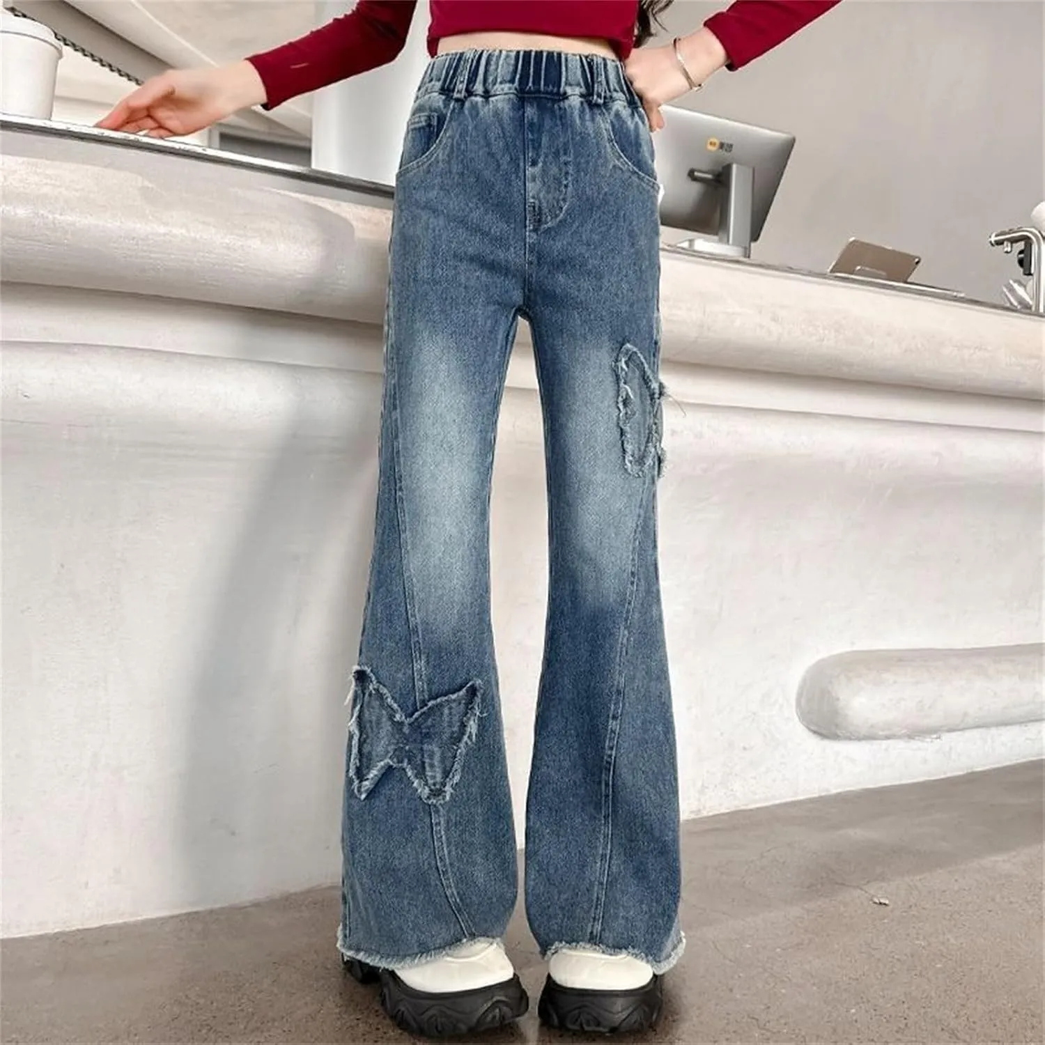 Girls Wide Leg Jeans Baggy Heart Embroidery Elastic High Waist Denim Pants Vintage Y2k Streetwear Aesthetic Teen Clothes 4-14