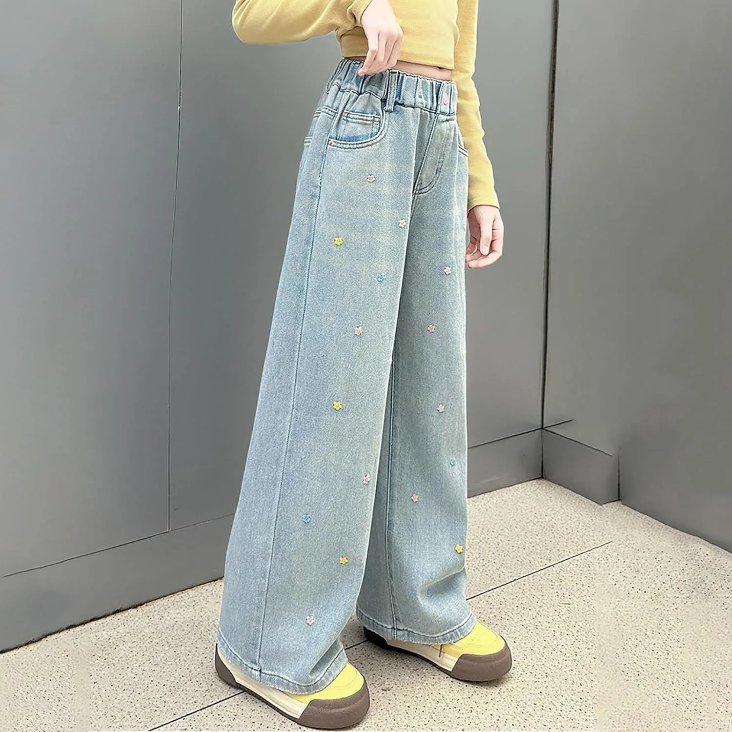 Girls Wide Leg Jeans Baggy Heart Embroidery Elastic High Waist Denim Pants Vintage Y2k Streetwear Aesthetic Teen Clothes 4-14