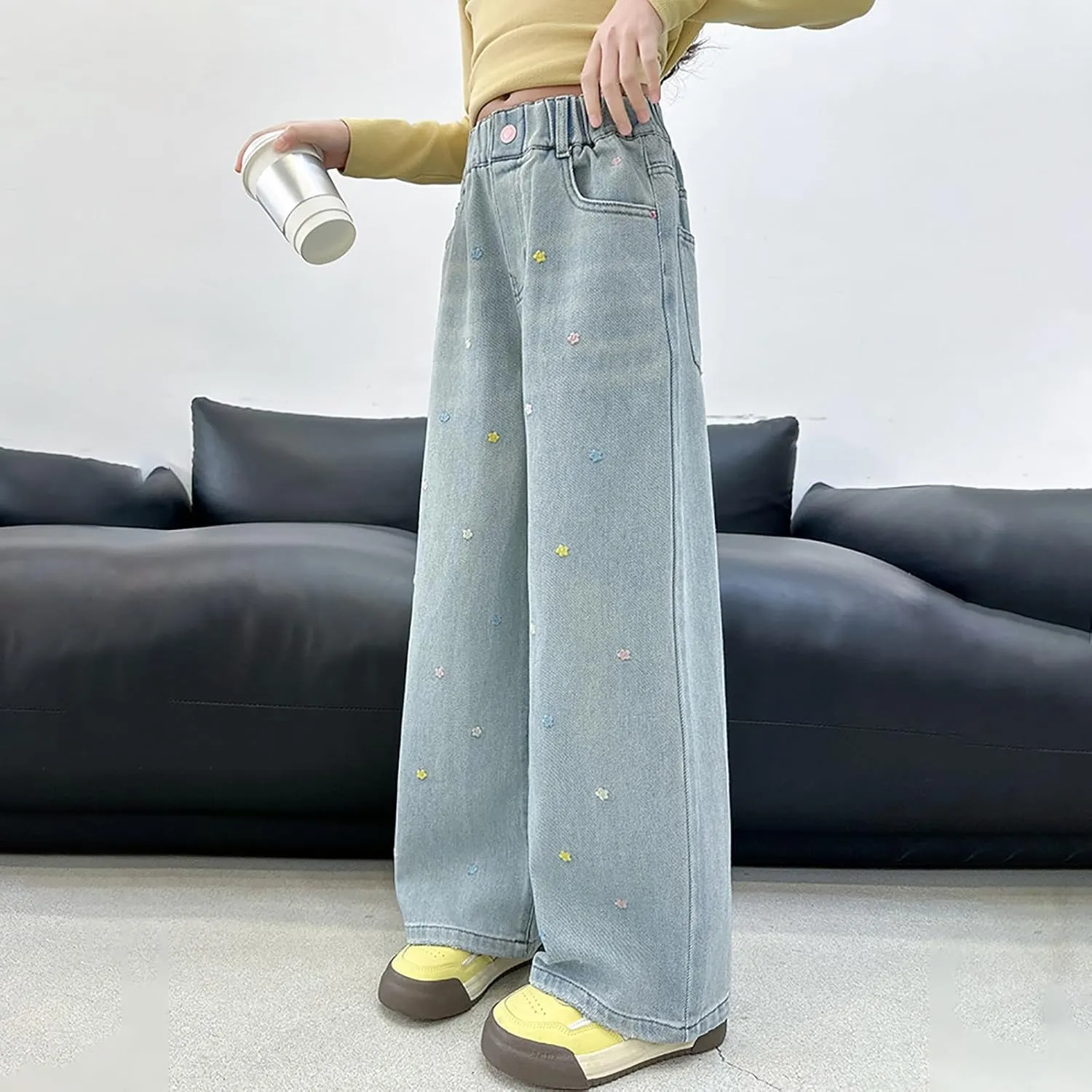 Girls Wide Leg Jeans Baggy Heart Embroidery Elastic High Waist Denim Pants Vintage Y2k Streetwear Aesthetic Teen Clothes 4-14