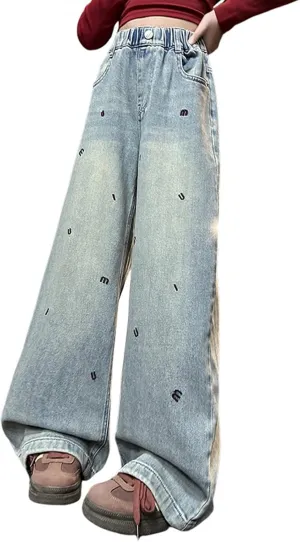 Girls Wide Leg Jeans Baggy Heart Embroidery Elastic High Waist Denim Pants Vintage Y2k Streetwear Aesthetic Teen Clothes 4-14
