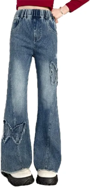 Girls Wide Leg Jeans Baggy Heart Embroidery Elastic High Waist Denim Pants Vintage Y2k Streetwear Aesthetic Teen Clothes 4-14