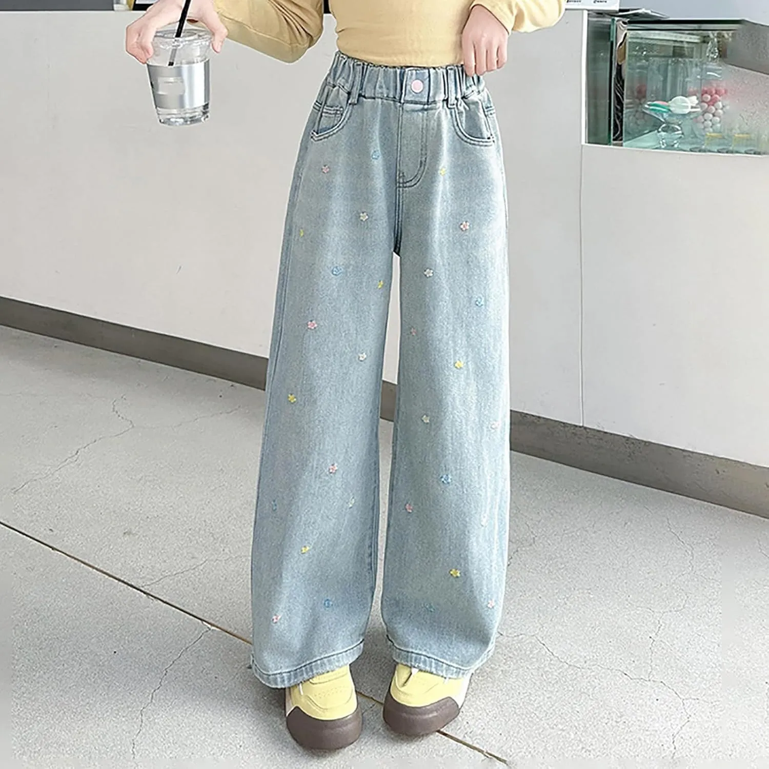 Girls Wide Leg Jeans Baggy Heart Embroidery Elastic High Waist Denim Pants Vintage Y2k Streetwear Aesthetic Teen Clothes 4-14