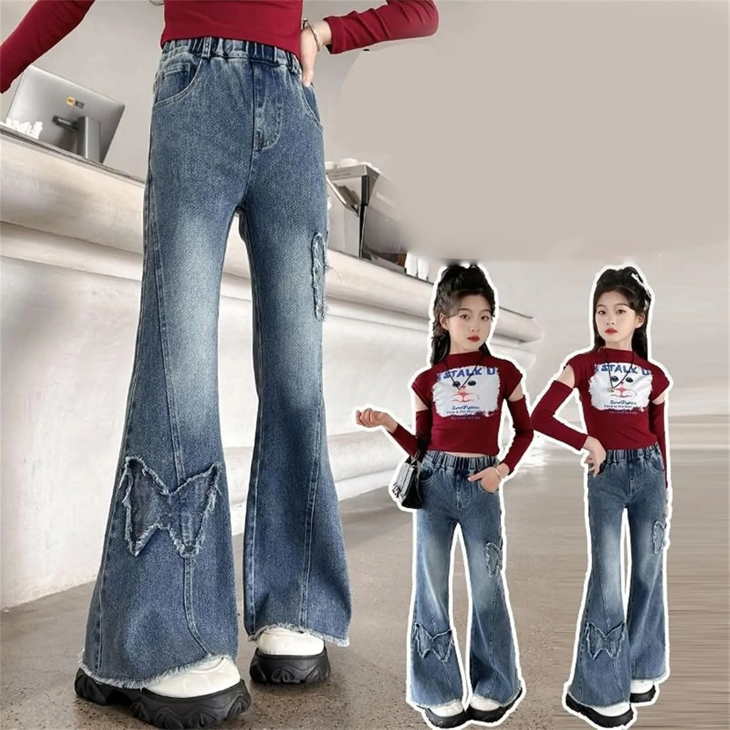 Girls Wide Leg Jeans Baggy Heart Embroidery Elastic High Waist Denim Pants Vintage Y2k Streetwear Aesthetic Teen Clothes 4-14