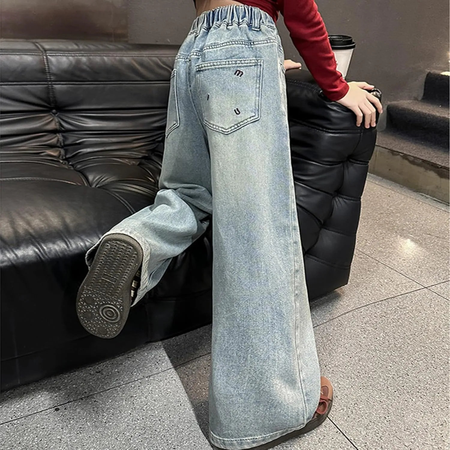 Girls Wide Leg Jeans Baggy Heart Embroidery Elastic High Waist Denim Pants Vintage Y2k Streetwear Aesthetic Teen Clothes 4-14