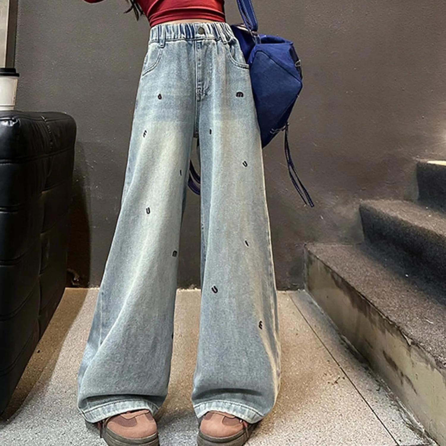 Girls Wide Leg Jeans Baggy Heart Embroidery Elastic High Waist Denim Pants Vintage Y2k Streetwear Aesthetic Teen Clothes 4-14