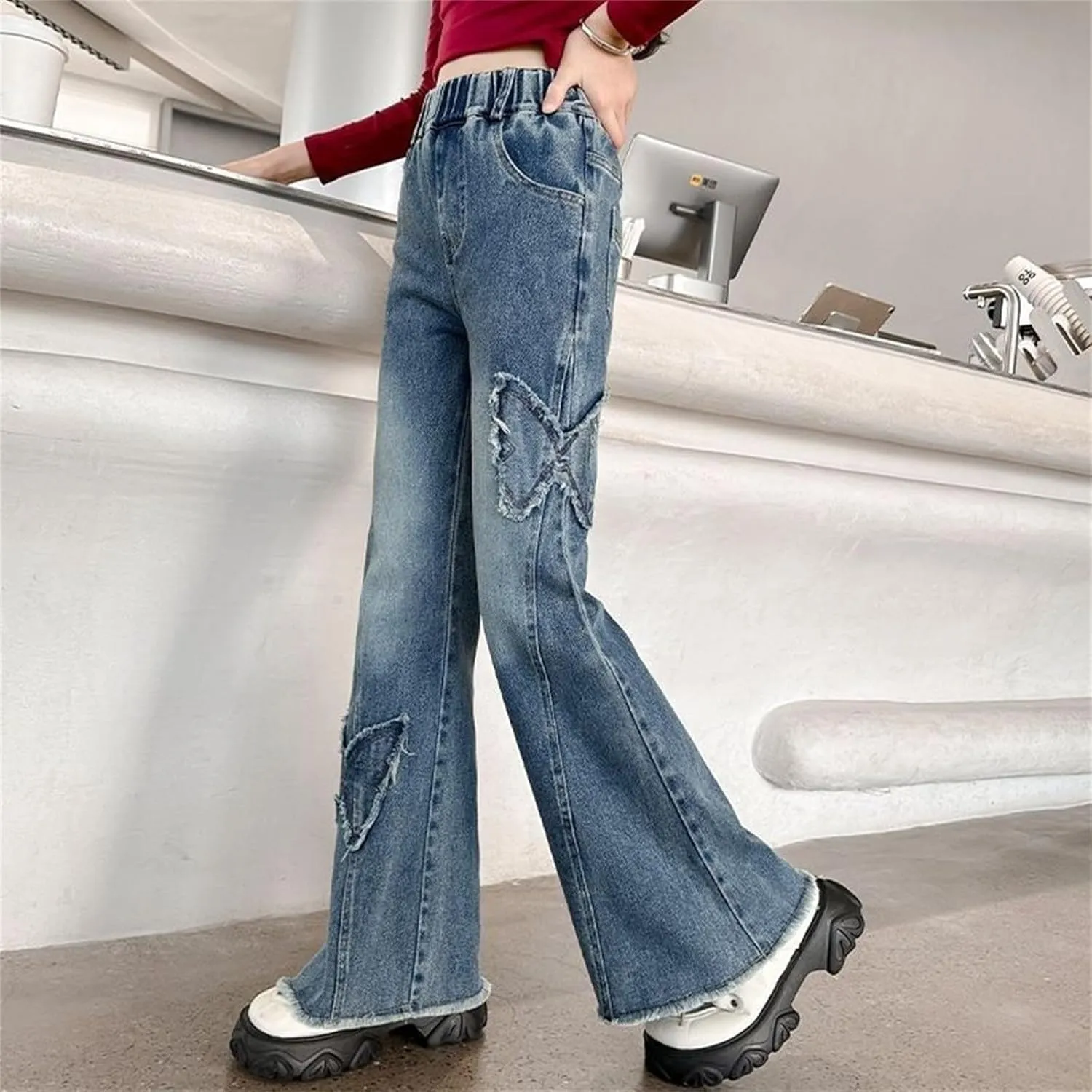 Girls Wide Leg Jeans Baggy Heart Embroidery Elastic High Waist Denim Pants Vintage Y2k Streetwear Aesthetic Teen Clothes 4-14