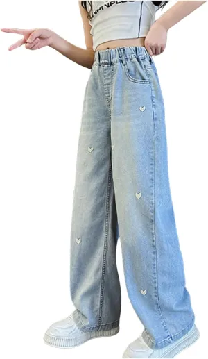 Girls Wide Leg Jeans Baggy Heart Embroidery Elastic High Waist Denim Pants Vintage Y2k Streetwear Aesthetic Teen Clothes 4-14