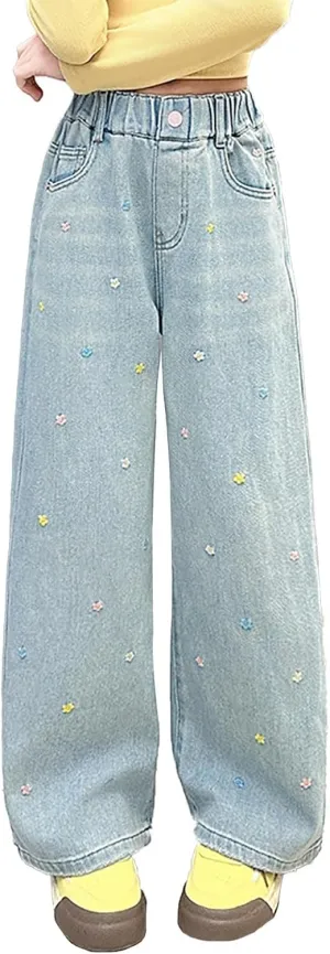 Girls Wide Leg Jeans Baggy Heart Embroidery Elastic High Waist Denim Pants Vintage Y2k Streetwear Aesthetic Teen Clothes 4-14