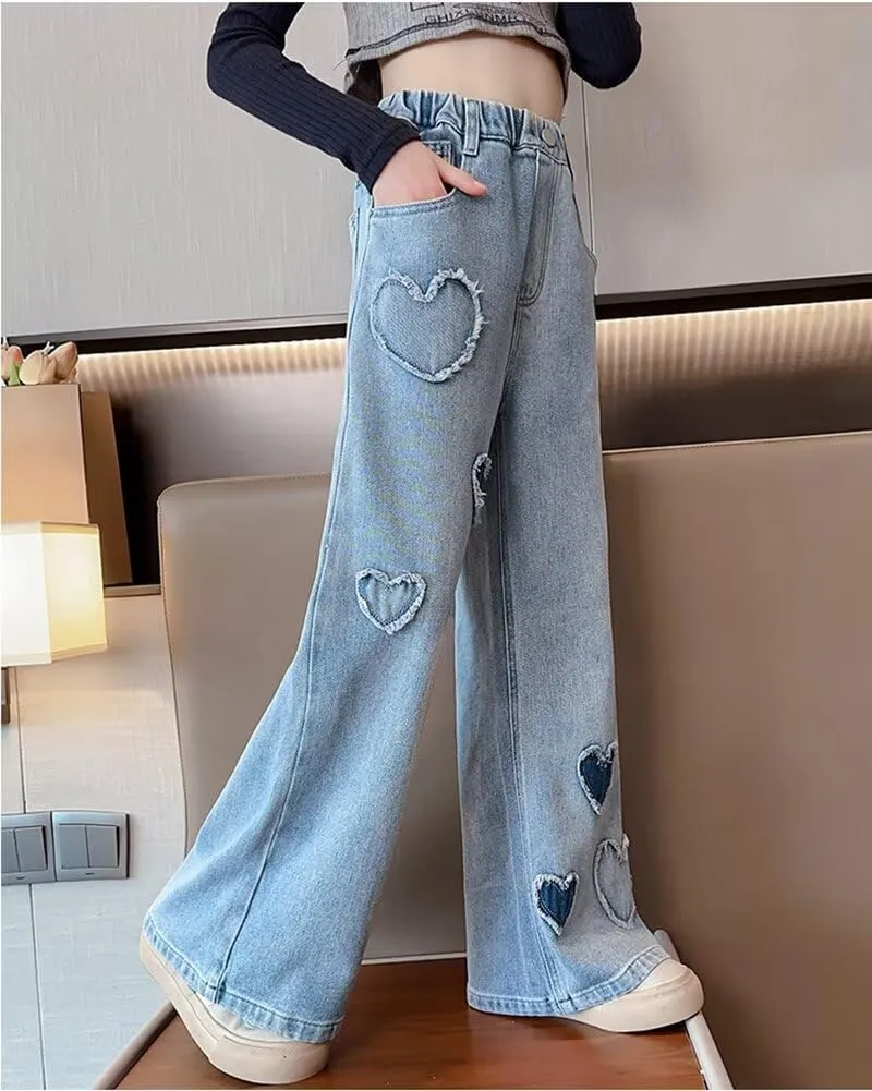 Girls Wide Leg Jeans Denim Elastic Wasit Baggy Ripped Distressed Pants