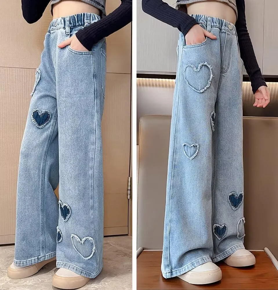 Girls Wide Leg Jeans Denim Elastic Wasit Baggy Ripped Distressed Pants